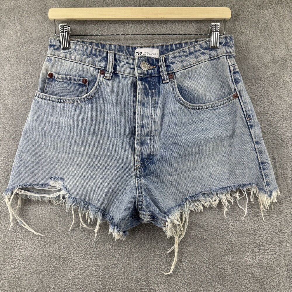 ZARA Shorts Womens 8 Denim Blue Light Wash Cut Off Button Fly 5 Pockets Fray Hem